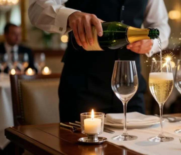 Champagne felszolgálása elegáns éttermi környezetben