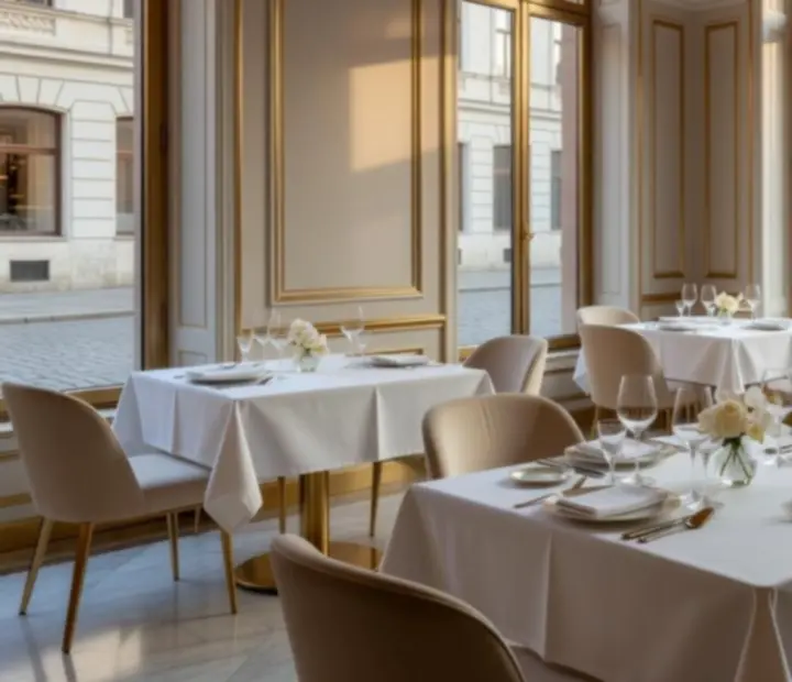 Fehér abroszos, gyertyafényes éttermi enteriőr elegáns terítéssel