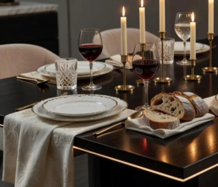Gyertyafényes, elegánsan megterített asztalok prémium éttermi környezetben