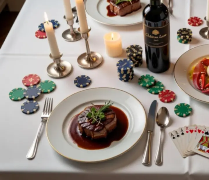 Gourmet fogások és prémium borok elegánsan szervírozva egy póker esthez megterített asztalon.