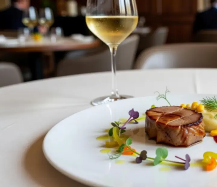 Gourmet fogás művészien tálalva elegáns tányéron.
