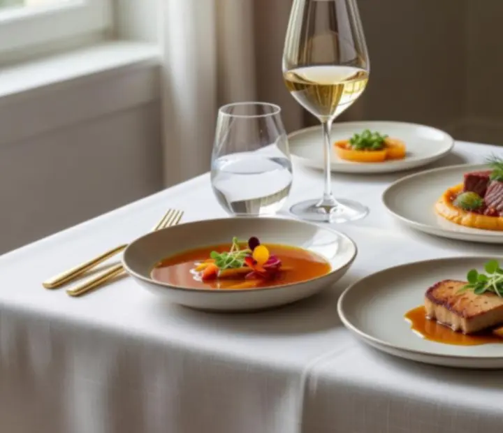 Elegánsan tálalt gourmet fogások a Magyar Találkozó étterem asztalán