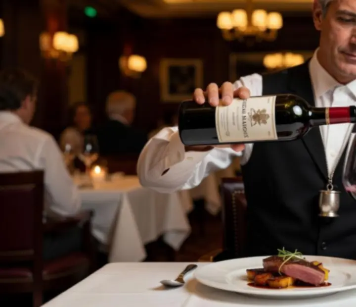 Sommelier bor- és ételpárosítást mutat be egy elegáns vacsoraesten