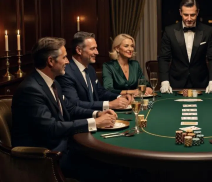 Stílusos VIP pókerasztal dekoratív chipekkel és gyertyafénnyel, elegáns vendégekkel.